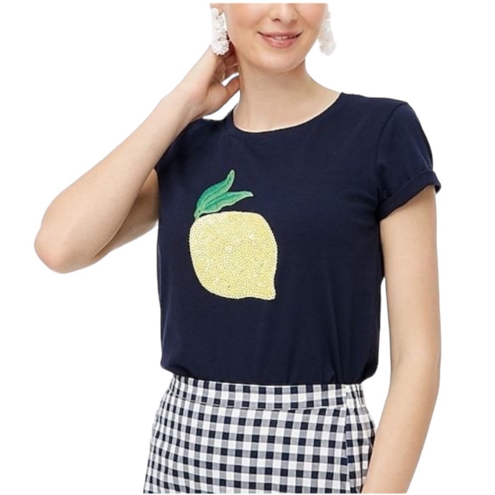J. Crew Sequin Lemon Navy Collector Tee Size L